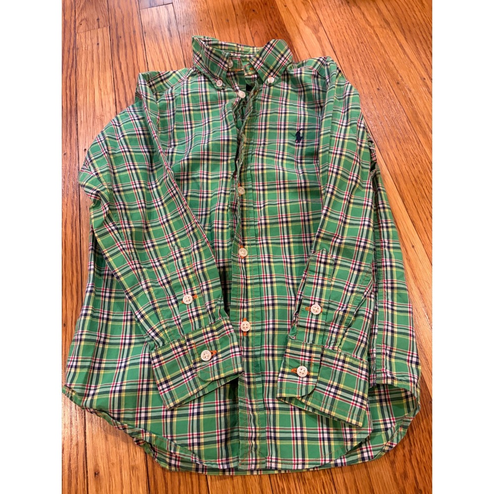 Ralph Lauren Boys Green Plaid Button Down Shirt Size 5 Long Sleeve Cotton
